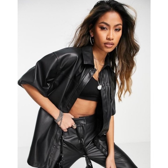 Topshop Tops - TOPSHOP Black Oversize Faux Leather Snap-Up Shirt NWOT Size 6